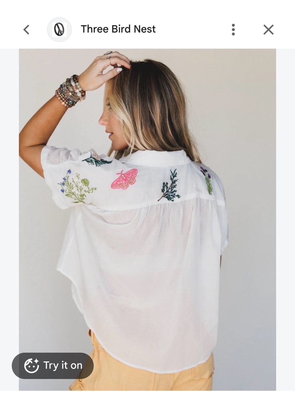 Three Bird Nest White Sheer Embroidered Short Sleeve Blouse with Pink Butterfly